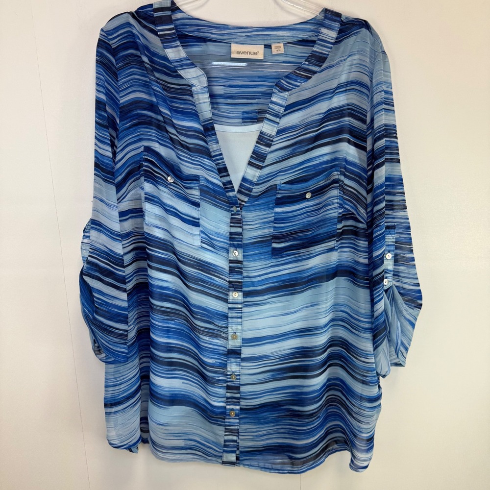 Avenue Blue Tunic Top Blouse‎ Button Front Size 18/20 Coastal Style Flowy Beach
